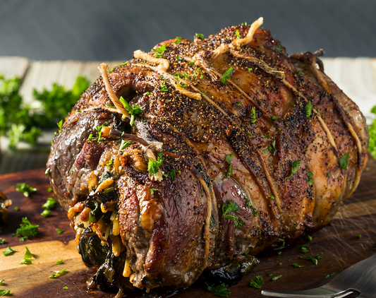 Stuffed Rotisserie leg of lamb with Spinach, Feta & Walnuts